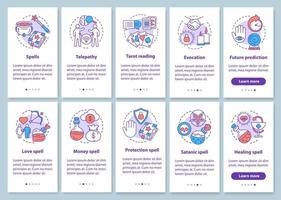 magiska trollformler ombord på mobilappens sidskärm med linjära konceptuppsättningar. häxkonst och förtrollning genomgångssteg grafiska instruktioner. ux, ui, gui vektormall med illustrationer vektor