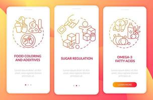 Bildschirm der adhd-ernährungs-onboarding-seite der mobilen app. Omega-3-Fettsäuren Walkthrough 3 Schritte grafische Anleitung mit Konzepten. ui, ux, gui-vektorvorlage mit linearen farbillustrationen vektor