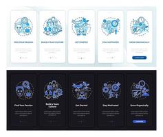 starta socialt företag mörk, ljus onboarding mobil app sidskärm. genomgång 5 steg grafiska instruktioner med koncept. ui, ux, gui vektormall med linjära natt- och daglägesillustrationer vektor