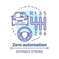 Null-Automatisierungskonzept-Symbol. Auto mit Schaltgetriebe. Fahrzeug, Getriebe, Lenkrad. fahrschule idee dünne linie illustration. Vektor isoliert Umrisszeichnung. editierbarer Strich