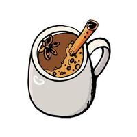 Tasse Kaffee mit Zimtstange handgezeichnete Illustration isoliert auf weißem Hintergrund vektor