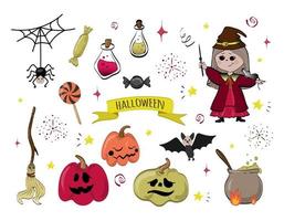 halloween-clipart-set mit niedlichen zeichentrickfiguren, kürbissen und anderen feiertagssymbolen vektor