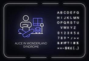 Alice im Wunderland-Syndrom Neonlicht-Symbol. visuelle Wahrnehmung. Größenverzerrung. Dysmetropsie. Psychische Störung. leuchtendes zeichen mit alphabet, zahlen und symbolen. vektor isolierte illustration