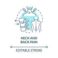 blaues Konzeptsymbol für Nacken- und Rückenschmerzen. Patient mit Rückenschmerzen durch schlechte Körperhaltung. physiotherapie abstrakte idee dünne linie illustration. Vektor isolierte Umrissfarbe Zeichnung. editierbarer Strich