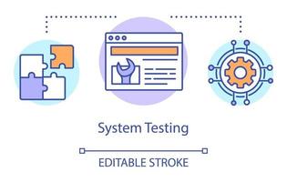 Symbol für das Systemtestkonzept. Untersuchen Sie die Idee der Computerkomponenten mit dünner Linie. Software-Testprozess. Hinweise auf Probleme und Probleme. Vektor isoliert Umrisszeichnung. editierbarer Strich