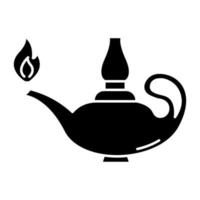 Symbol für Lampenglyphe. beleuchtete leuchtende alte Öllaterne. Bibel spirituelles Symbol. nahöstliche märchenhafte brennende lampe. Arabische Legende. Silhouettensymbol. negativer Raum. vektor isolierte illustration