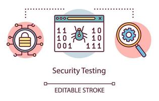 Symbol für Sicherheitstestkonzept. Untersuchen Sie die dünne Linie der Computerschutzidee. Software-Testprozess. Hinweise auf Probleme und Probleme. Vektor isoliert Umrisszeichnung. editierbarer Strich