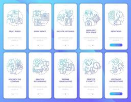 jobb jakt gradient blå onboarding mobil app sidskärmuppsättning. cv och intervju genomgång 5 steg grafiska instruktioner med koncept. ui, ux, gui vektormall med linjära färgillustrationer vektor