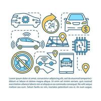 Vektorvorlage für fahrerlose Taxi-Artikelseiten. roboter auto mieten. broschüre, magazin, broschürengestaltungselement mit linearen symbolen und textfeldern. Druckdesign. konzeptillustrationen mit textraum vektor