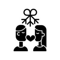 Paar küsst sich unter schwarzem Glyphen-Symbol der Mistel. weihnachtsmistelkuss tradition. Junge und Mädchen unter einem Mistelzweig. Schattenbildsymbol auf Leerraum. vektor isolierte illustration