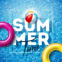 Sommerzeit-Illustration mit Floss und Wasserball auf Wasser im mit Ziegeln gedeckten Pool-Hintergrund. Vektor-Sommerferien-Design-Vorlage vektor