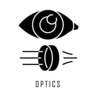 optik glyfikon. lätt fysik gren. optometri och oftalmologisk vetenskaplig forskning. ljusstrålar reflektion. synligt spektrum. siluett symbol. negativt utrymme. vektor isolerade illustration