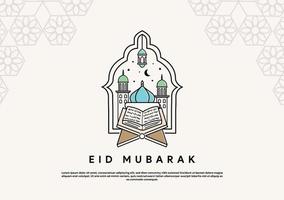 schönes logo eid mubarak strichzeichnungen moschee und alquran vektor