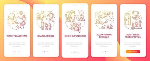 Tipps zum roten Farbverlauf beim Onboarding auf der Seite der mobilen App aufrufen. Walkthrough zur psychischen Gesundheit von Kindern 5 Schritte grafische Anweisungen mit Konzepten. ui, ux, gui-vektorvorlage mit linearen farbillustrationen vektor