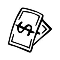 pengar sedel eller dollarsedel ikon i doodle stil. handritad svart logotyp för kontanter isolerad på vit bakgrund. vektor