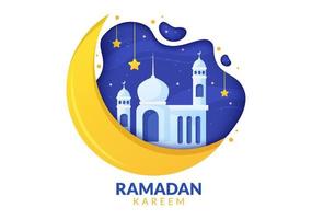 ramadan kareem med moské, lyktor och måne i platt bakgrund vektorillustration för religiös högtid islamisk eid fitr eller adha festival banner eller affisch vektor