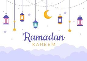 ramadan kareem mit moschee, laternen und mond in flacher hintergrundvektorillustration für religiöse feiertage islamische eid fitr oder adha festival banner oder poster vektor
