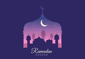 ramadan kareem med moské, lyktor och måne i platt bakgrund vektorillustration för religiös högtid islamisk eid fitr eller adha festival banner eller affisch vektor