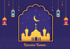 ramadan kareem mit moschee, laternen und mond in flacher hintergrundvektorillustration für religiöse feiertage islamische eid fitr oder adha festival banner oder poster vektor