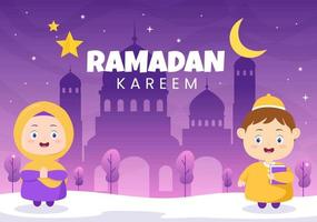 ramadan kareem med människor, moské, lyktor och måne i platt bakgrund vektorillustration för religiös högtid islamisk eid fitr eller adha festival banner eller affisch vektor