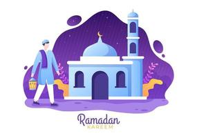 ramadan kareem mit menschen, moschee, laternen und mond in flacher hintergrundvektorillustration für religiöse feiertage islamische eid fitr oder adha festival banner oder poster vektor