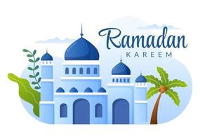 ramadan kareem mit moschee, laternen und mond in flacher hintergrundvektorillustration für religiöse feiertage islamische eid fitr oder adha festival banner oder poster vektor