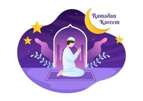 ramadan kareem med bedjande person karaktär i platt bakgrund vektorillustration för religiös högtid islamisk eid fitr eller adha festival banner eller affisch vektor