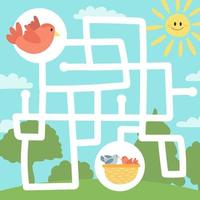 labyrinthspiel für kinder, bildungsarbeitsblatt. Vogel und Nest mit Küken vektor
