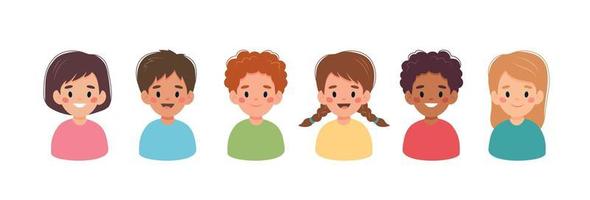 barnuppsättning, små pojkar och flickor av olika nationaliteter. vektor illustration i tecknad stil
