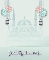 glad eid mubarak vektorillustration med linjekonstmoské och hängande lykta vektor