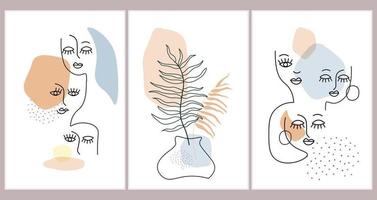 zeitgenössisches Poster mit Frauengesichtern, handgezeichnet in einer Linie mit einfachen Formen, Pflanze. abstrakte minimalistische frauen mit unterschiedlichen emotionen. konzept schönheit, feminismus, gleichberechtigung. Vektorgrafiken. vektor