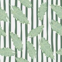 pastellgröna blad silhouttes slumpmässiga sömlösa mönster. randig bakgrund. botaniskt naturtryck. vektor