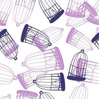 isolerade sömlösa mönster med tecknade doodle lila och marinblå fågelbur silhuetter slumpmässigt tryck. vektor