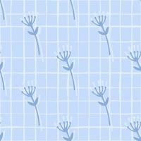 naives, nahtloses Gekritzelmuster mit abstrakten Figuren aus Blumenzweigen. blauer Hintergrund mit weißem Karo. vektor