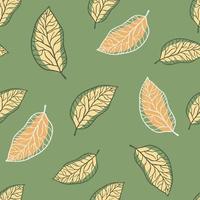 slumpmässig pastell palett sömlösa blad mönster. kontur stiliserad prydnad i orange färg på grön bakgrund. vektor