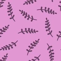 Zufälliges, nahtloses Doodle-Muster mit violetten tropischen Zweigsilhouetten. rosa Hintergrund. vektor