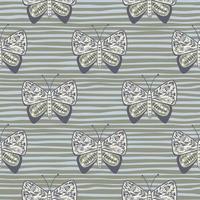 Grau gefärbtes nahtloses Muster mit botanischen Zierschmetterlingsformen des Gekritzels. gestreifter Hintergrund. vektor