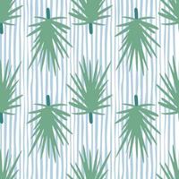 hellgrüne Tannenzweig-Silhouetten nahtloses Doodle-Muster. stilisierter Walddruck mit blau-weiß gestreiftem Hintergrund. vektor