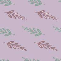 frühlingsnahtloses muster mit einfachen blattverzweigungsformen des gekritzels. lila Hintergrund. botanische naturkulisse. vektor