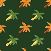orange und grün gefärbter tropischer Palmen-Kokosdruck. dunkelgrüner Hintergrund. tropische Naturformen. vektor