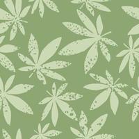 Zufälliges nahtloses Ganja-Ornamentmuster. Grafik in Pastellpalette. hellgraue Blätter und grüner Hintergrund. vektor