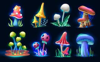 samling av vektor tecknad stil magiska fantasy svampar glödande i mörkret, isolerad på vit bakgrund. för webb, videospel, användargränssnitt, designtryck.