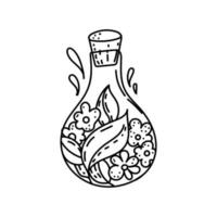 Flasche, handgezeichnetes Element im Doodle-Stil. Flasche mit ausgefallenen Blumen und Blättern. schwarze Muster. monogame illustration im flachen stil. vektor