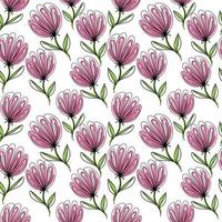 ein nahtloses Blumenmuster, handgezeichnete Elemente im Doodle-Stil. wunderliche Blumen, Knospen und Erbsen. schwarze Muster mit rosa und grünen Flecken. vektor