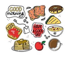 eine Reihe von Speisen und Getränken zum Frühstück. handgezeichnete Elemente im Doodle-Stil. Frühstück. Guten Morgen. Pfannkuchen auf einem Teller, Waffeln, Brei mit Beeren und Kaffee. ein einfacher Vektor im Doodle-Stil.