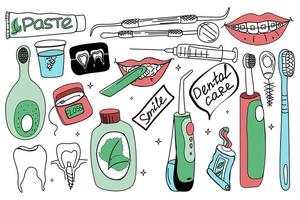 tandvårdskit. doodle stil vektor. tandborstar, borstar, tandtråd och rengöringstabletter för tänder. tänder irrigator. le med tandställning och läppar med en tandborste. tandkräm och munvatten. vektor