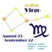 virgo stjärntecken, horoskopkonstellation, illustration i form av astrologisk infografik, lämplig för barn, böcker för att studera stjärnor och konstellationer. vektor. enkel illustration. vektor