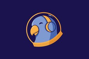 ilustrasi astronot burung beo yang sedang mendengarkan musik, dengan latar belakang berwarna biru. vektor