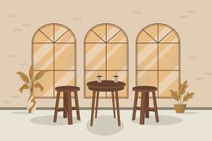 Illustration eines Cafés mit klassischen Holzstühlen und -tischen sowie einem klassischen Fensterhintergrund und einigen Pflanzen als Dekoration, die normalerweise zum Entspannen und Kaffeetrinken verwendet werden. kann für Ihre verwendet werden vektor