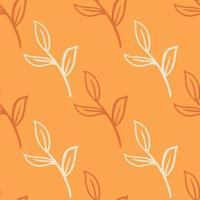 konturierte minimalistische florale Blätter Zweige nahtloses Doodle-Muster. orangefarbener pastellfarbener Hintergrund. vektor